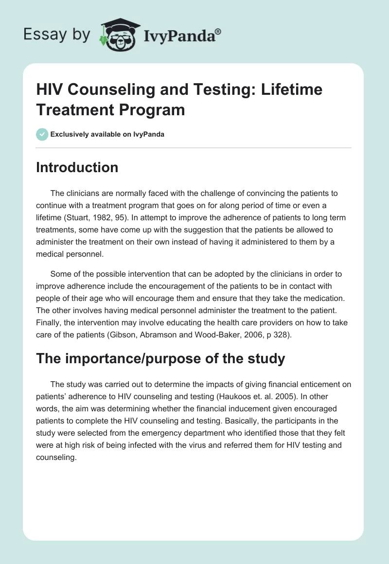 HIV Counseling and Testing: Lifetime Treatment Program. Page 1