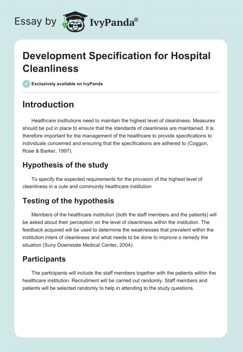 Development Specification for Hospital Cleanliness. Page 1