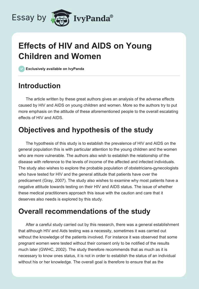 Effects of HIV and AIDS on Young Children and Women. Page 1