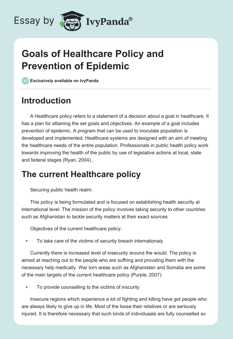 Goals of Healthcare Policy and Prevention of Epidemic. Page 1