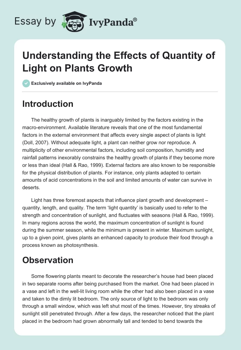 Understanding the Effects of Quantity of Light on Plants Growth. Page 1