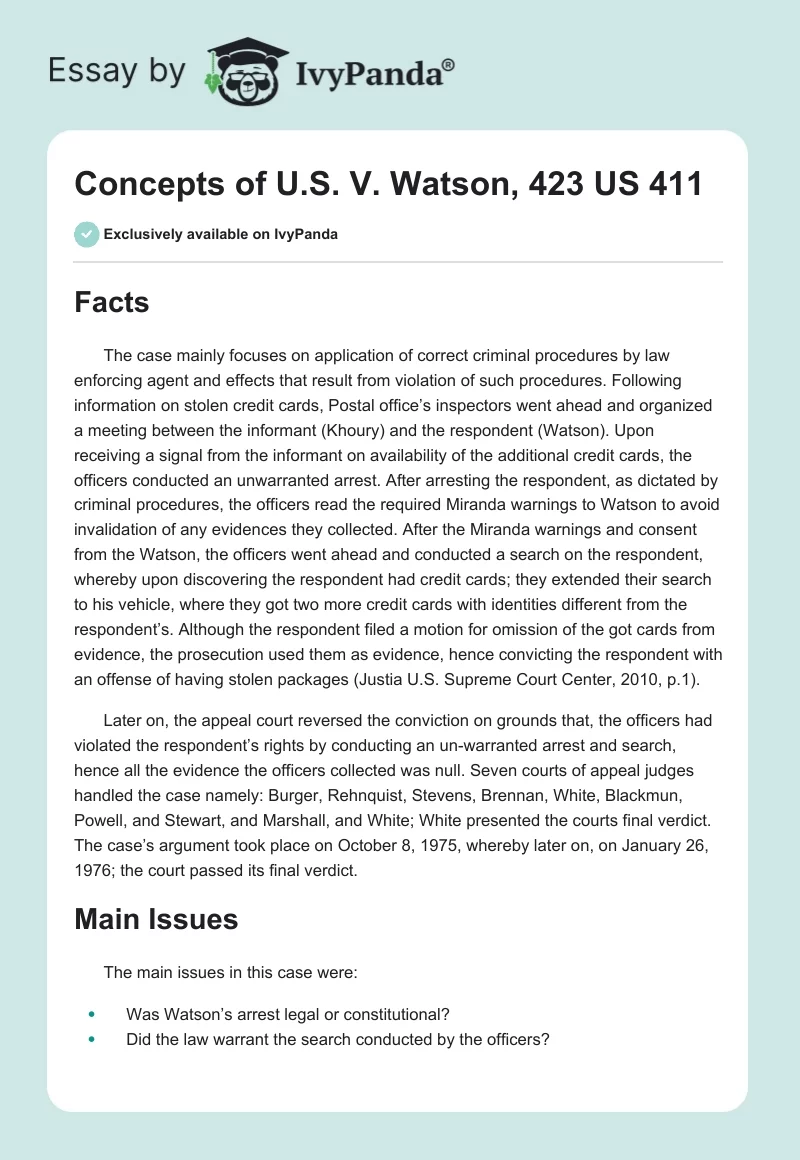 Concepts of U.S. V. Watson, 423 US 411. Page 1
