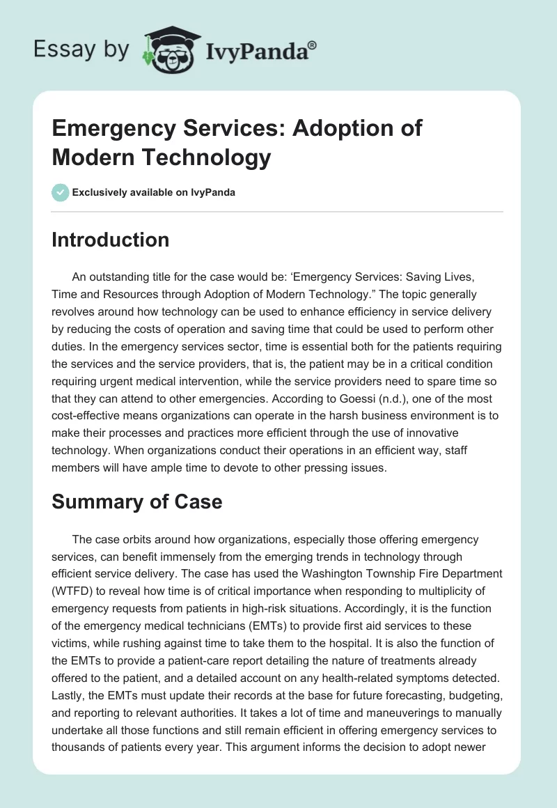 Emergency Services: Adoption of Modern Technology. Page 1