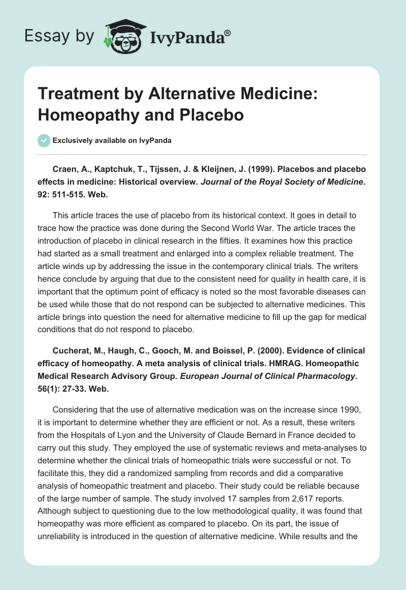 Treatment by Alternative Medicine: Homeopathy and Placebo. Page 1