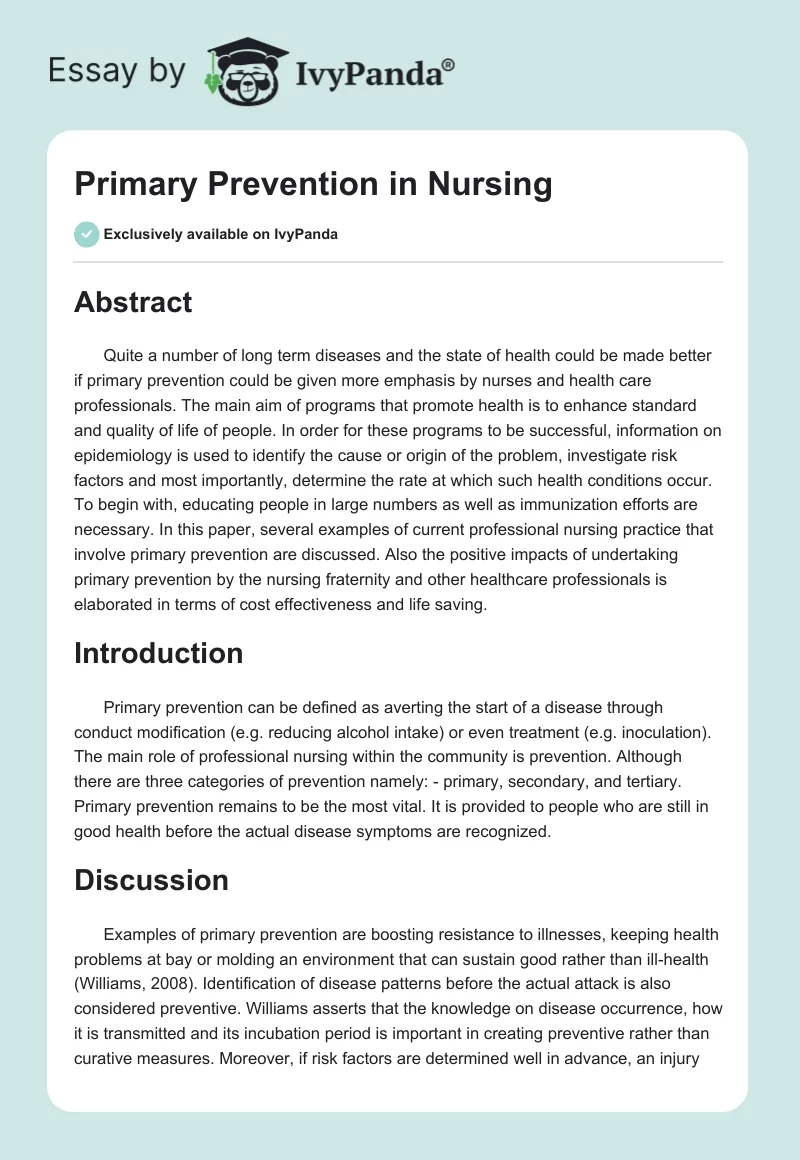 Primary Prevention in Nursing. Page 1