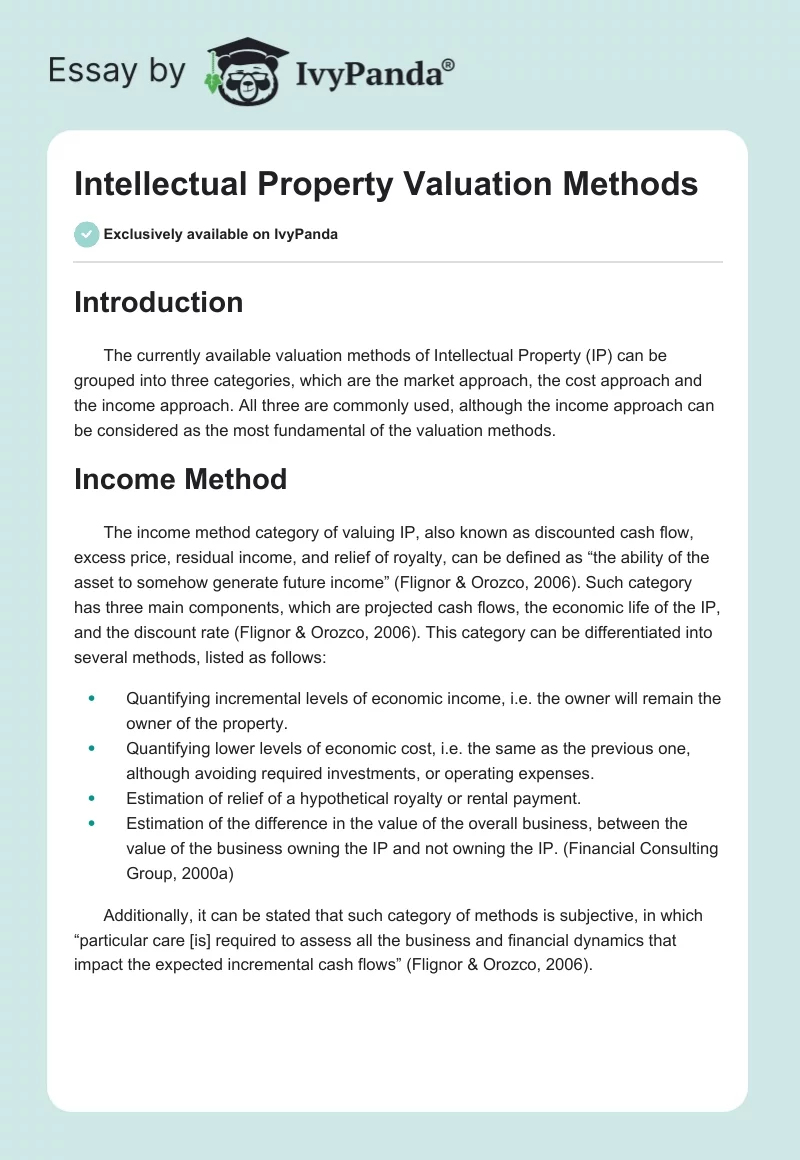 Intellectual Property Valuation Methods. Page 1
