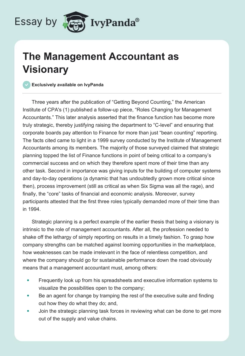 The Management Accountant as Visionary. Page 1