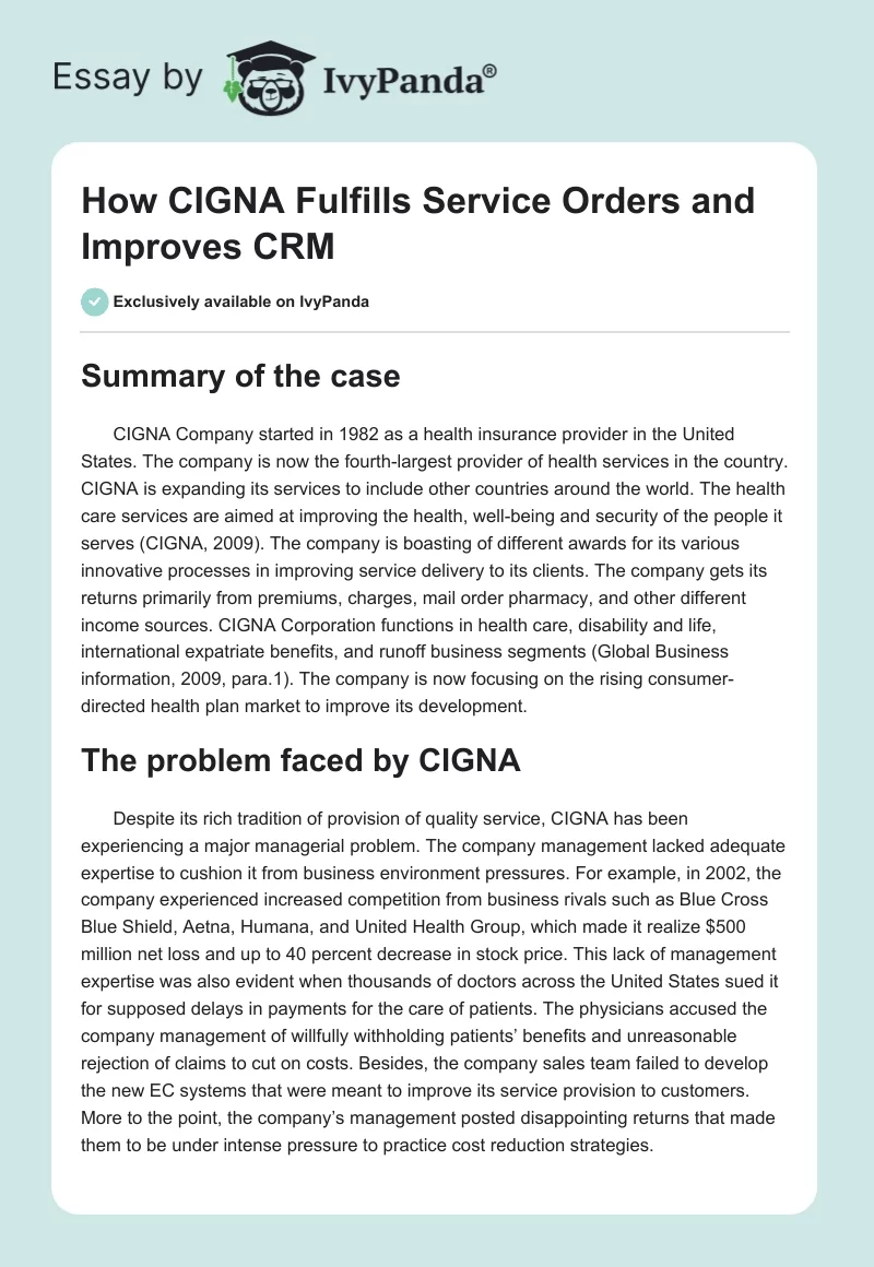 How CIGNA Fulfills Service Orders and Improves CRM. Page 1