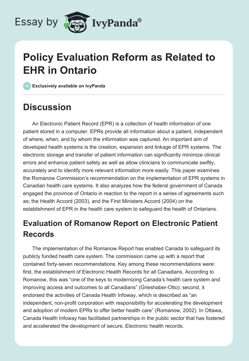 Policy Evaluation Reform as Related to EHR in Ontario. Page 1