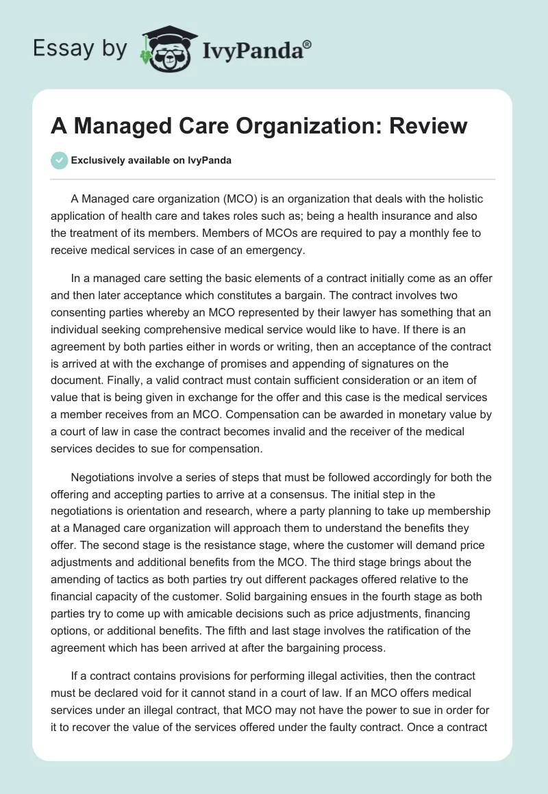 A Managed Care Organization: Review. Page 1