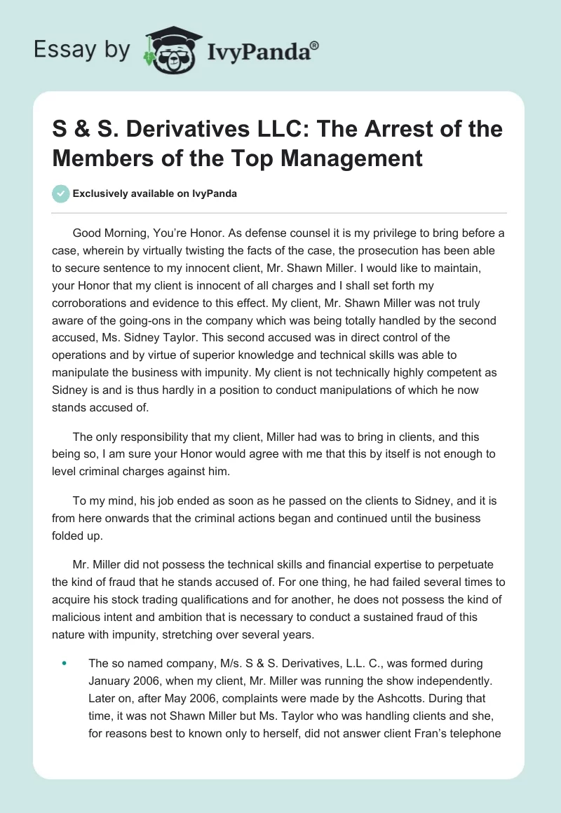 S & S. Derivatives LLC: The Arrest of the Members of the Top Management. Page 1
