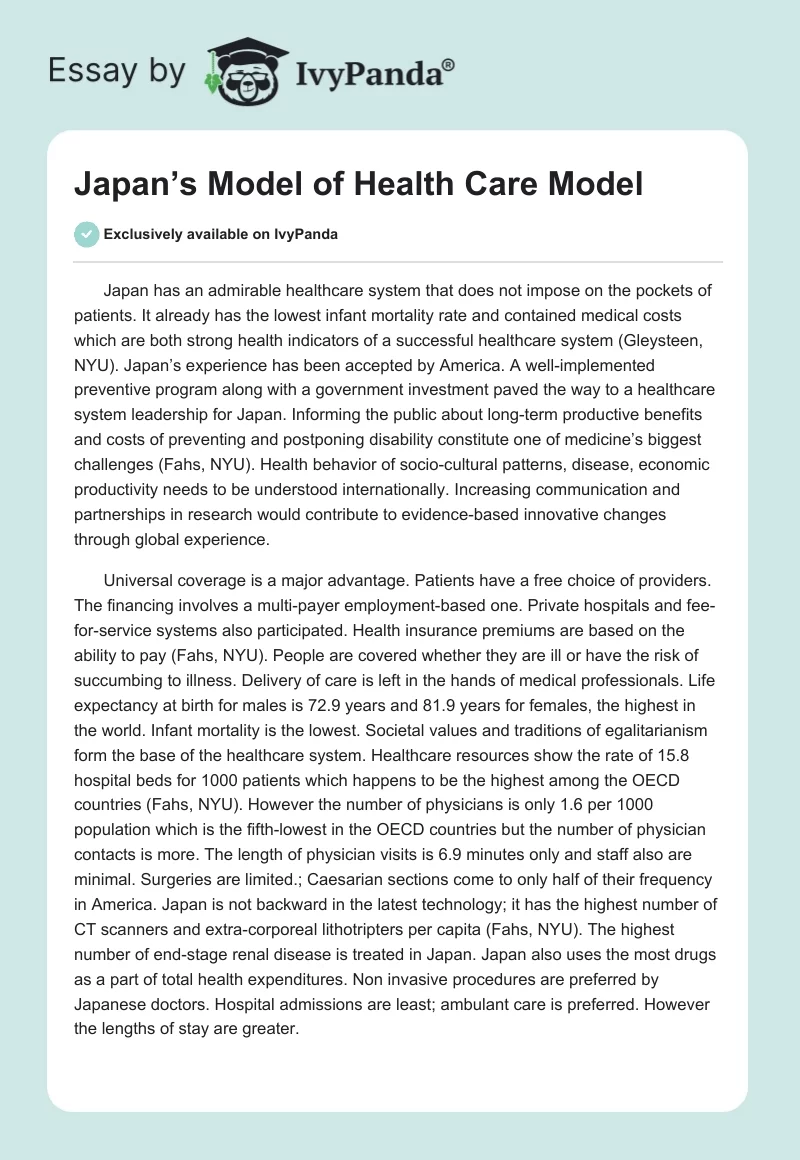 Japan’s Model of Health Care Model. Page 1