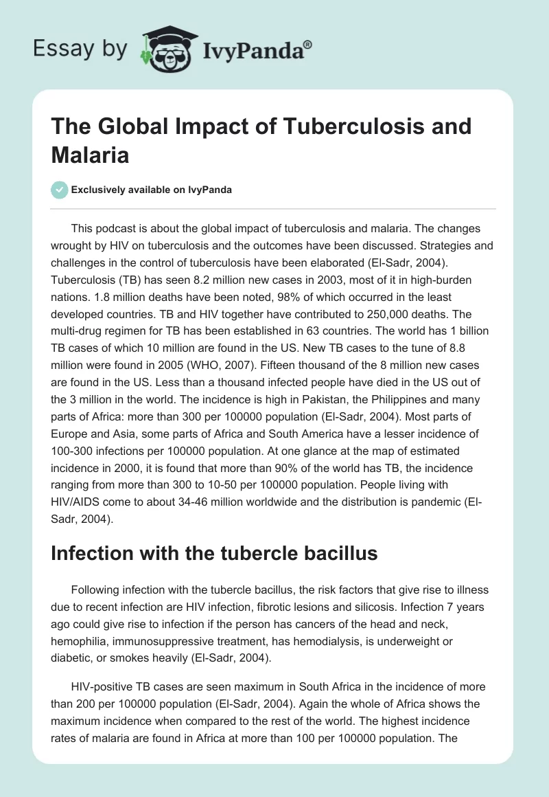 The Global Impact of Tuberculosis and Malaria. Page 1