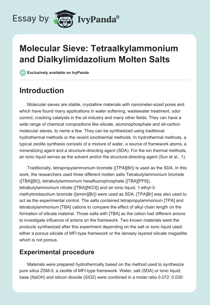 Molecular Sieve: Tetraalkylammonium and Dialkylimidazolium Molten Salts. Page 1