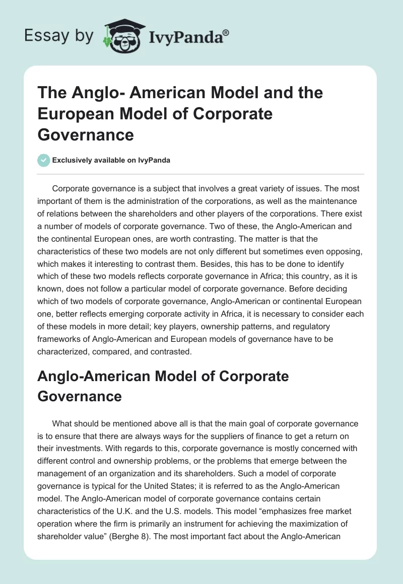 The Anglo- American Model and the European Model of Corporate Governance. Page 1