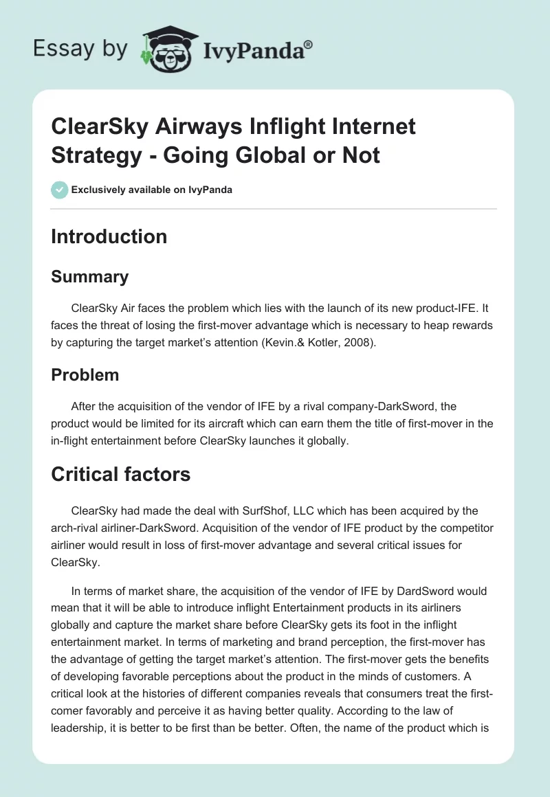 ClearSky Airways Inflight Internet Strategy - Going Global or Not. Page 1