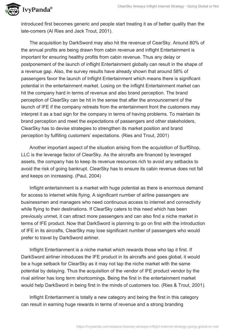 ClearSky Airways Inflight Internet Strategy - Going Global or Not. Page 2