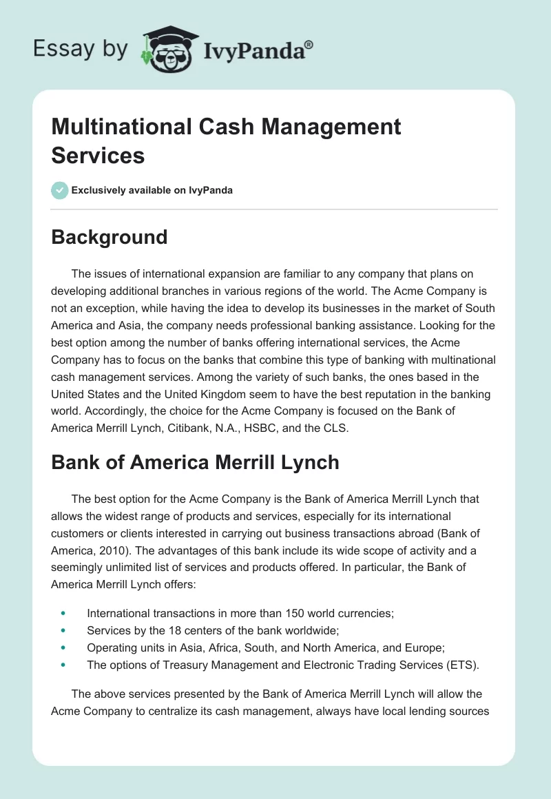 Multinational Cash Management Services. Page 1