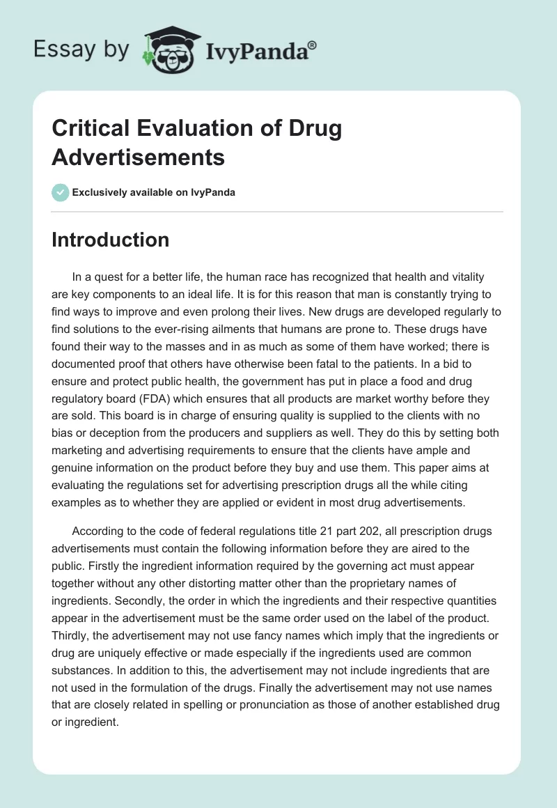 Critical Evaluation of Drug Advertisements. Page 1