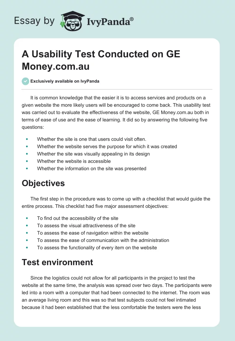 A Usability Test Conducted on GE Money.com.au. Page 1