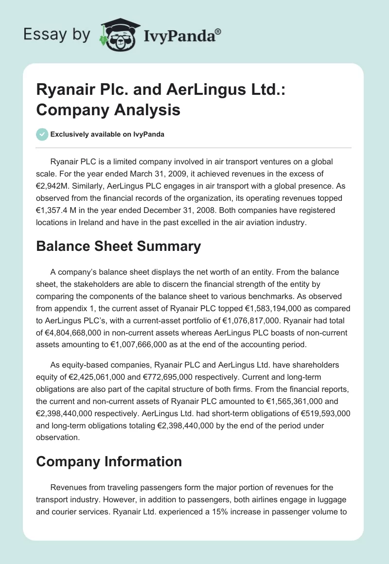 Ryanair Plc. and AerLingus Ltd.: Company Analysis. Page 1
