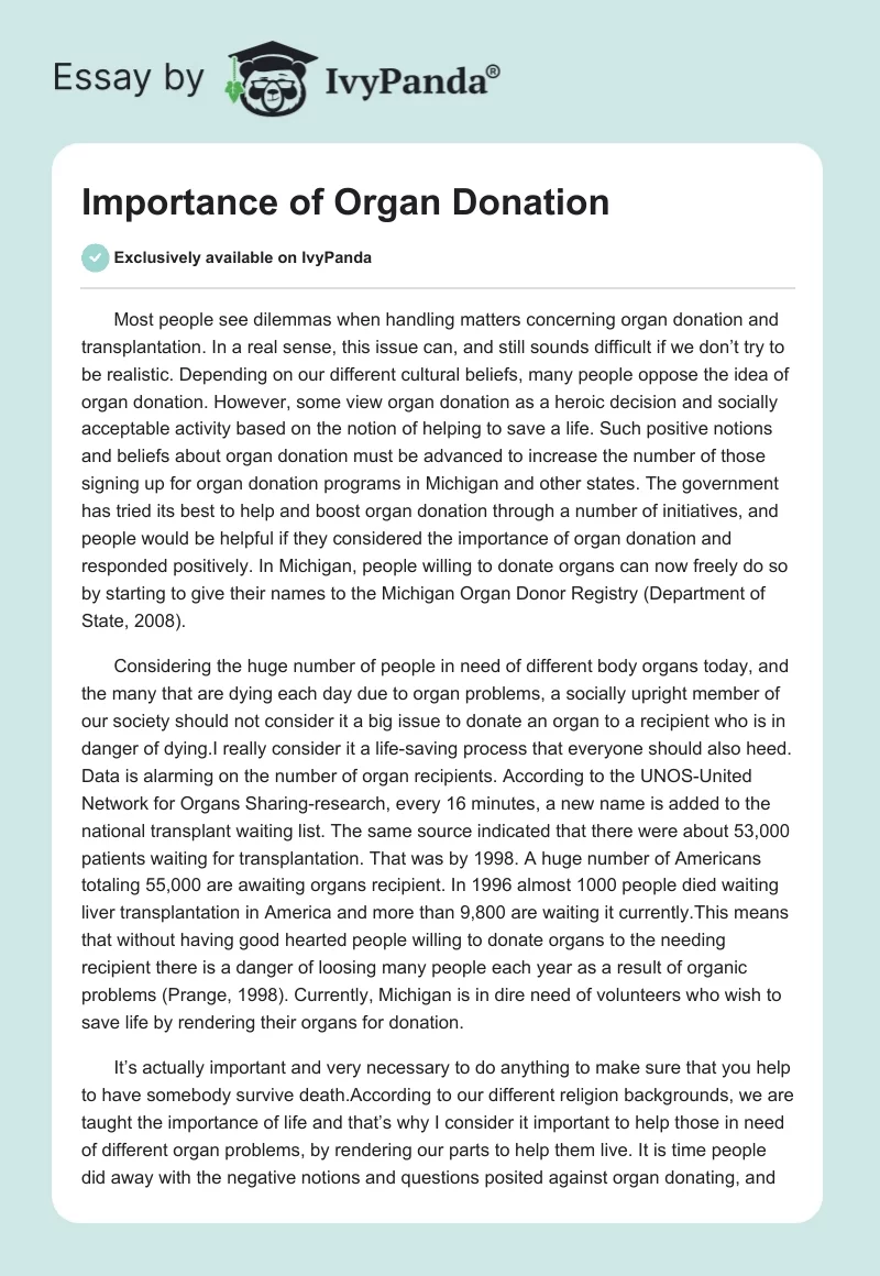 Importance of Organ Donation. Page 1