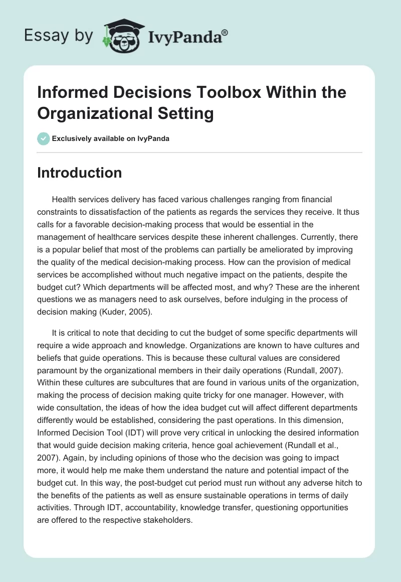Informed Decisions Toolbox Within the Organizational Setting. Page 1