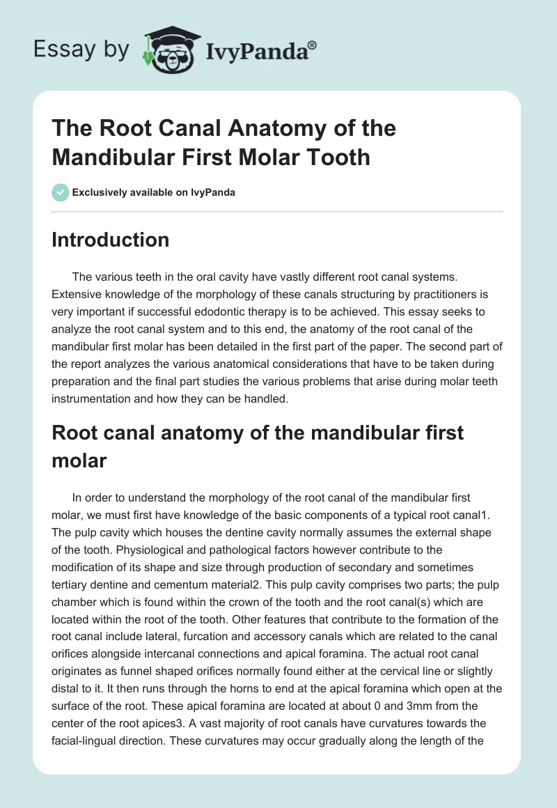 The Root Canal Anatomy of the Mandibular First Molar Tooth. Page 1