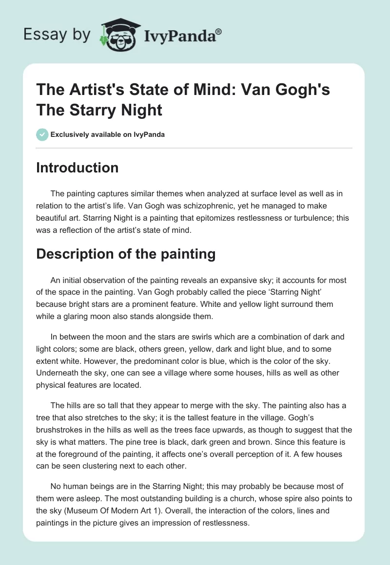 The Artist's State of Mind: Van Gogh's "The Starry Night". Page 1