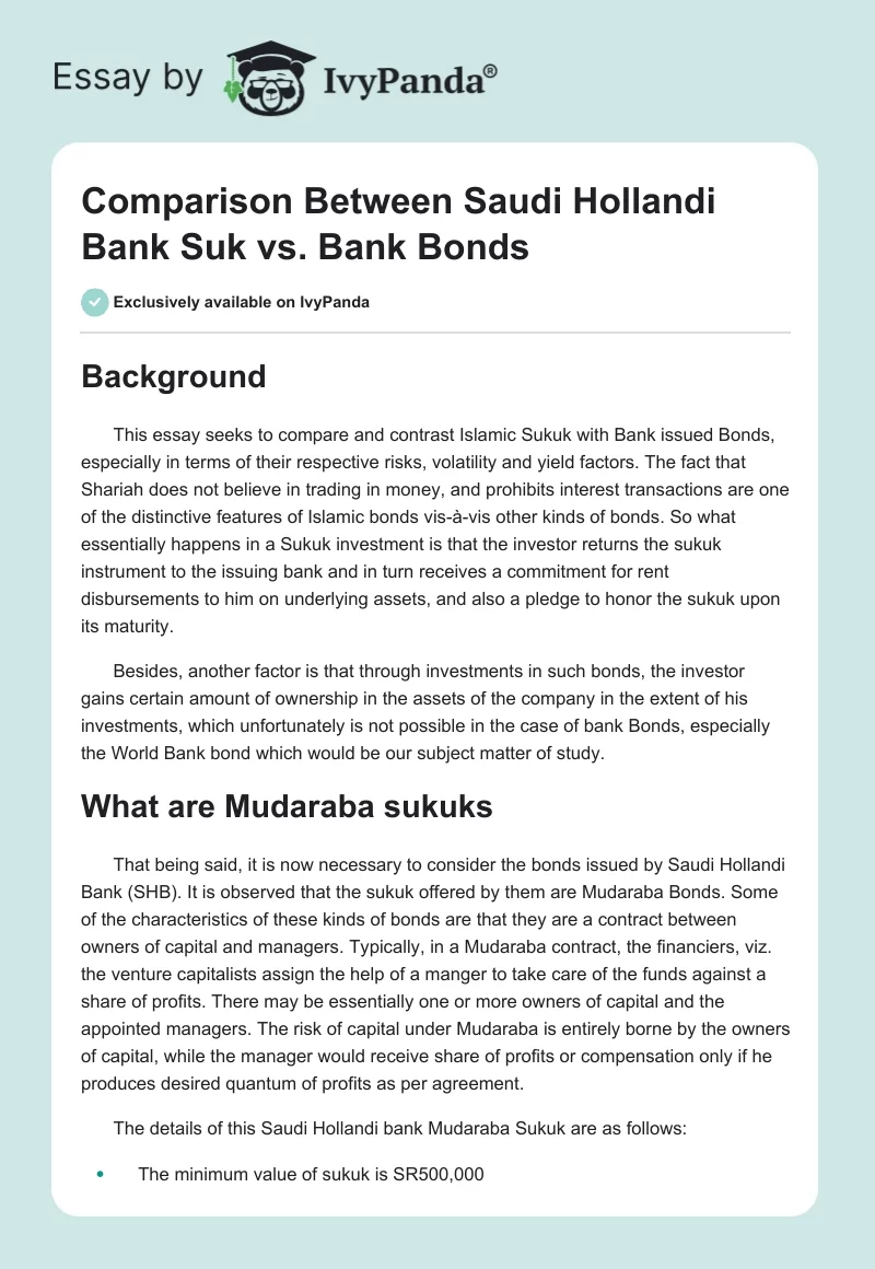 Comparison Between Saudi Hollandi Bank Suk vs. Bank Bonds. Page 1