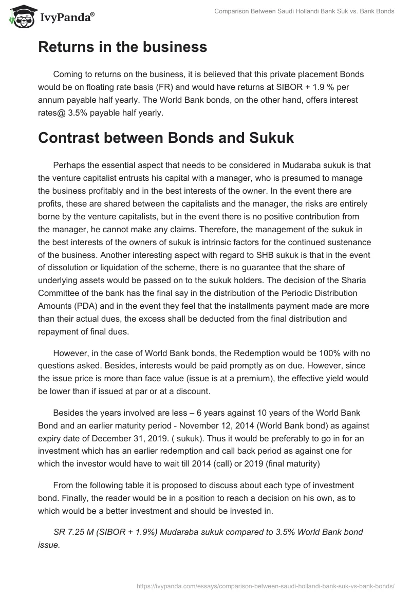 Comparison Between Saudi Hollandi Bank Suk vs. Bank Bonds. Page 5