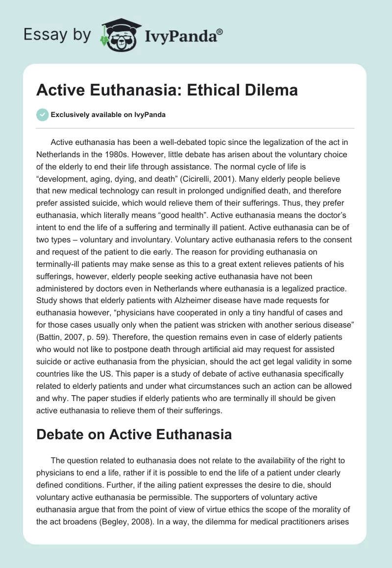 Active Euthanasia: Ethical Dilema. Page 1