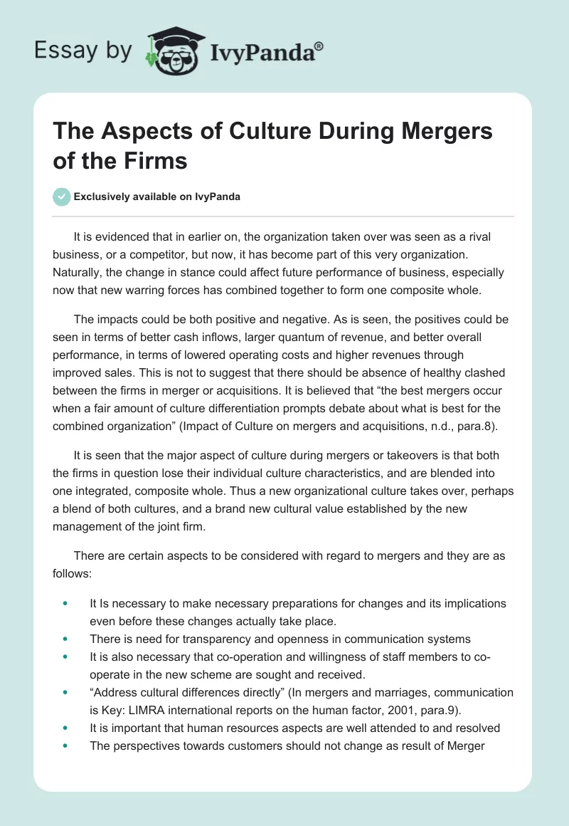 The Aspects of Culture During Mergers of the Firms. Page 1