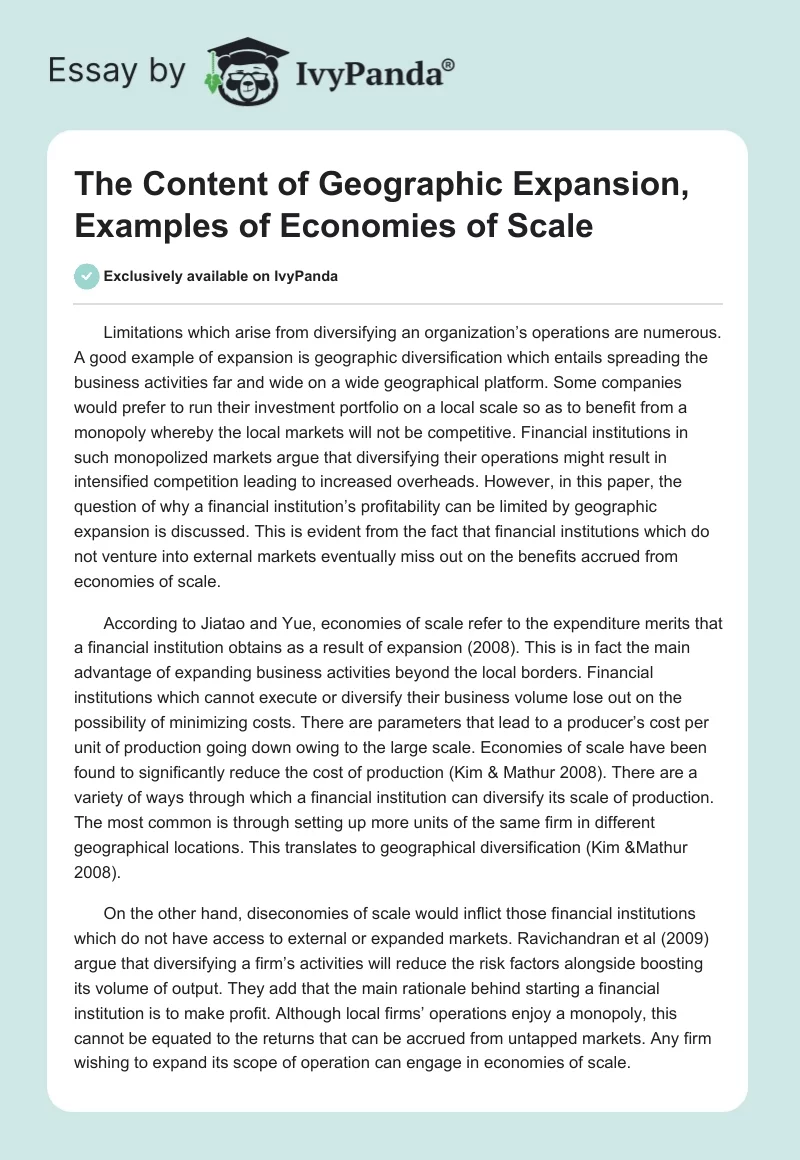 The Content of Geographic Expansion, Examples of Economies of Scale. Page 1