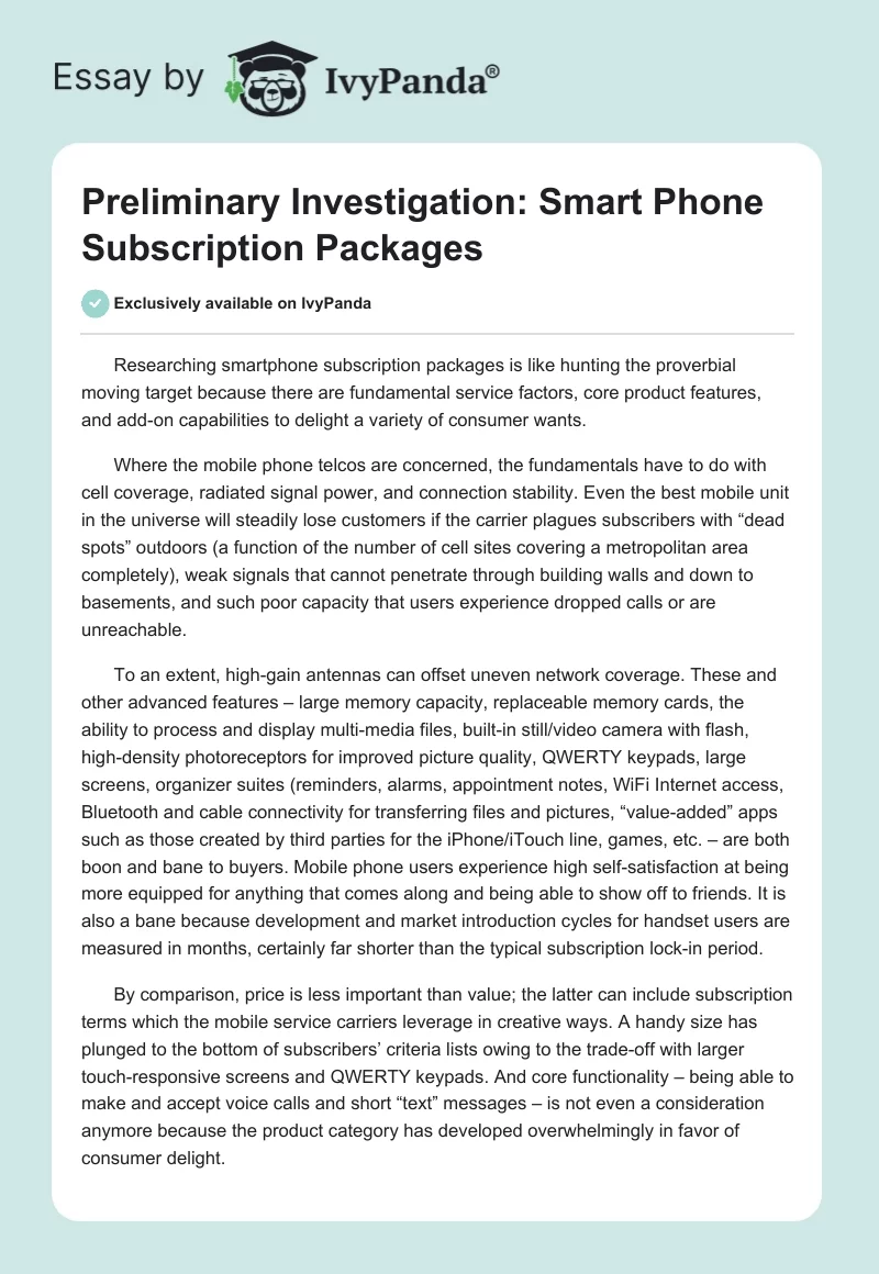 Preliminary Investigation: Smart Phone Subscription Packages. Page 1
