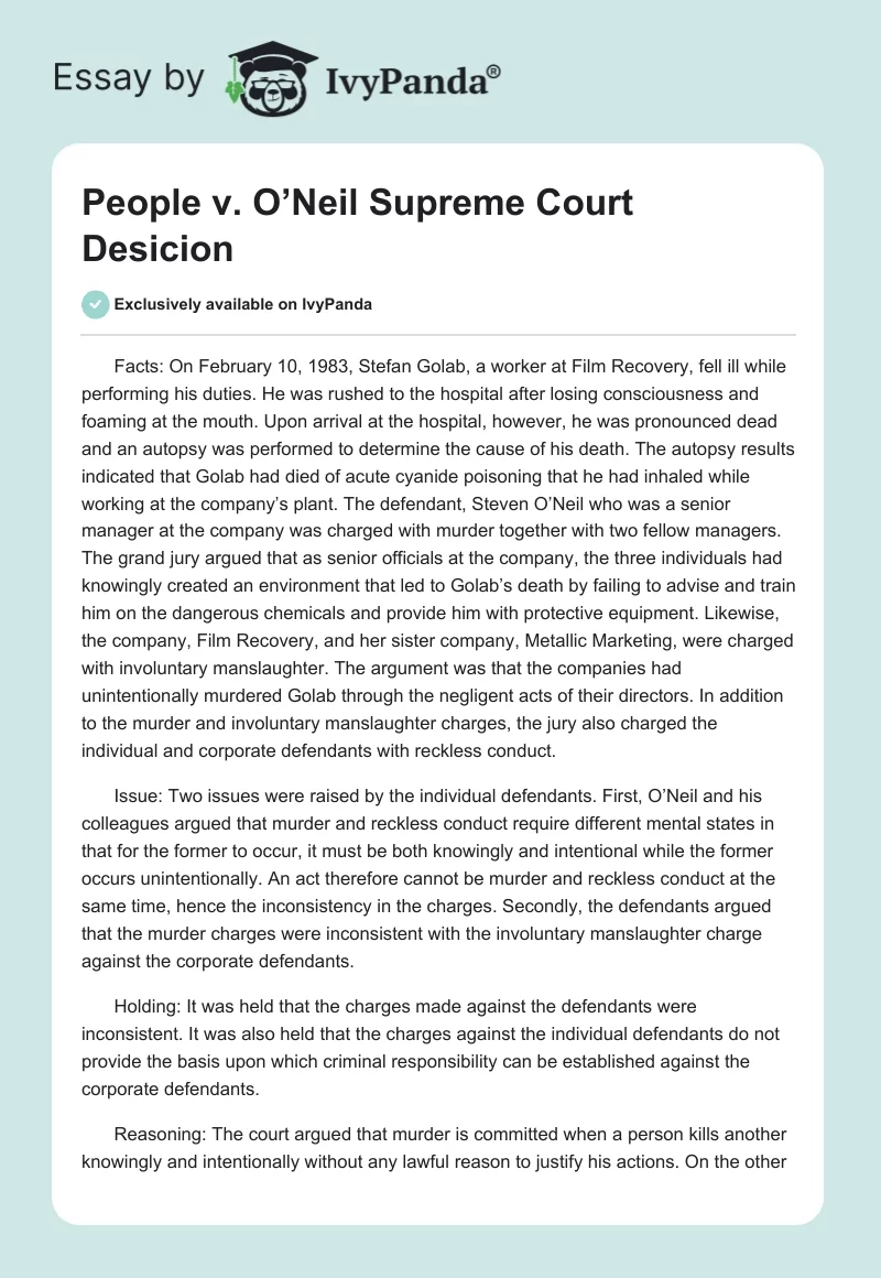 People vs. O’Neil Supreme Court Desicion. Page 1