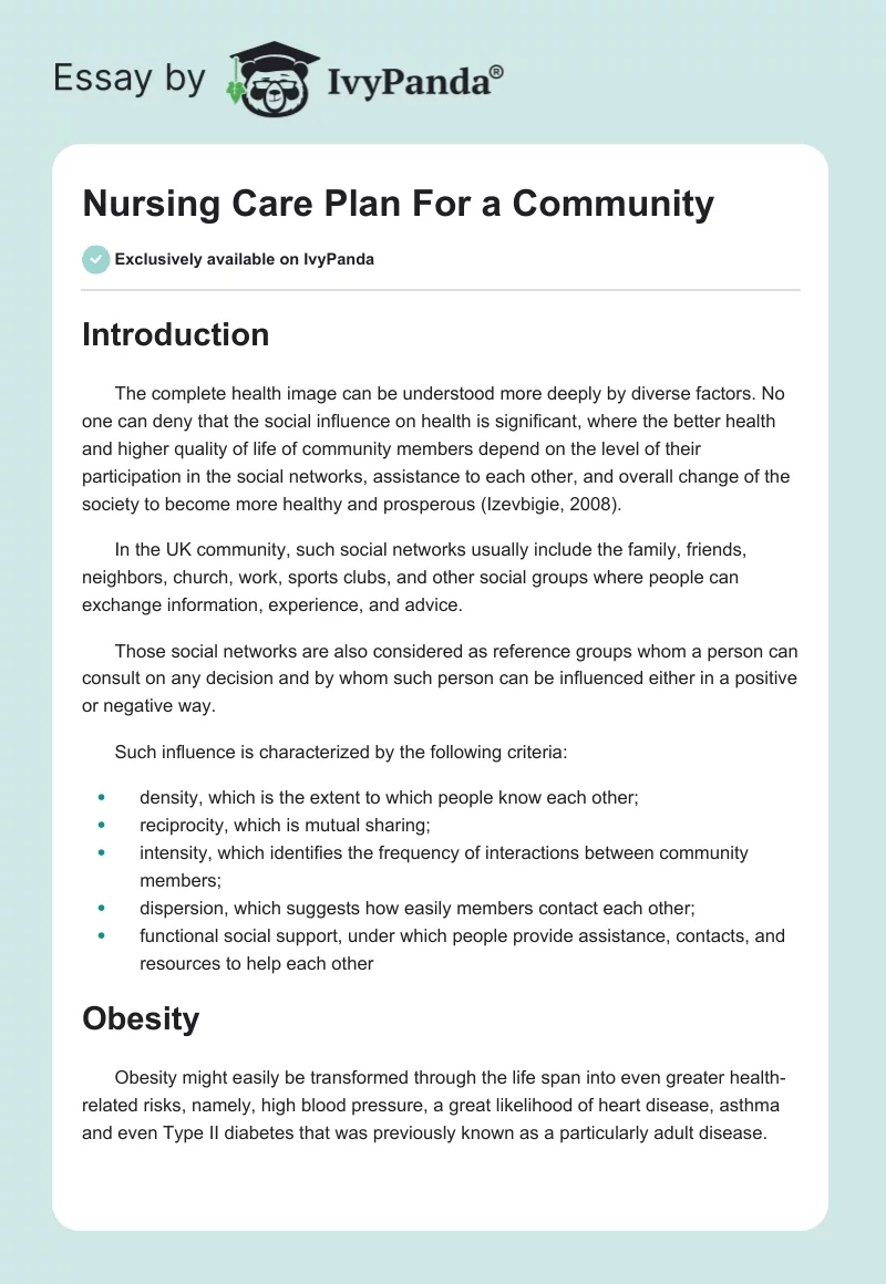 Nursing Care Plan For a Community. Page 1