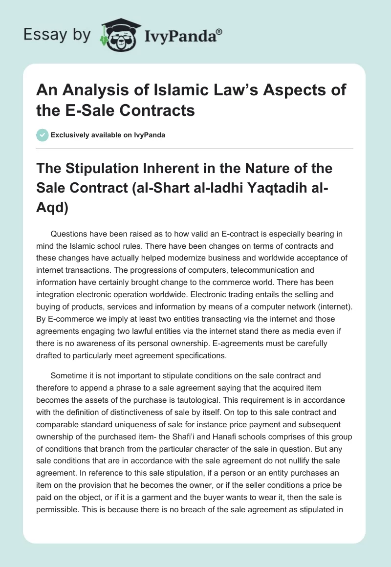 An Analysis of Islamic Law’s Aspects of the E-Sale Contracts. Page 1