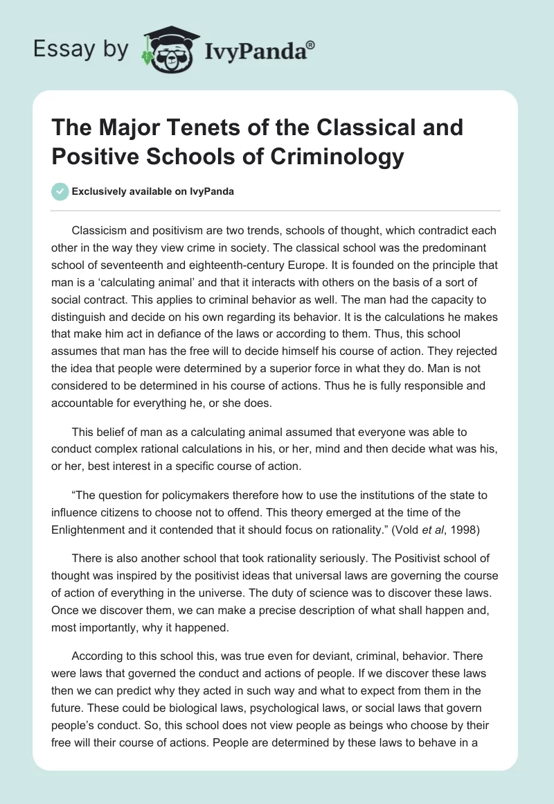 The Major Tenets of the Classical and Positive Schools of Criminology. Page 1