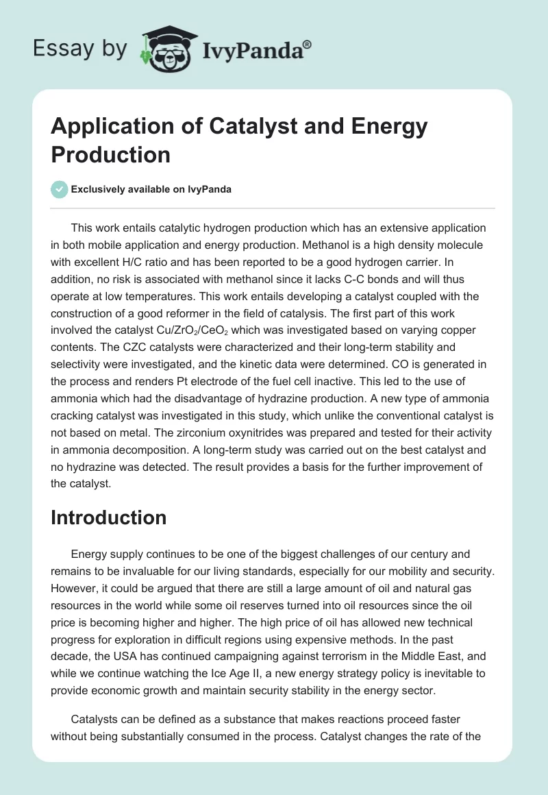Application of Catalyst and Energy Production. Page 1