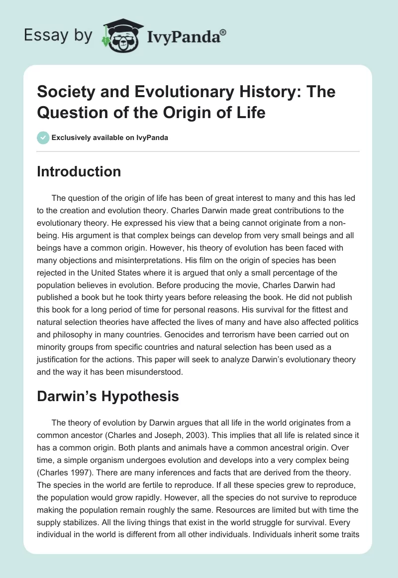 Society and Evolutionary History: The Question of the Origin of Life. Page 1