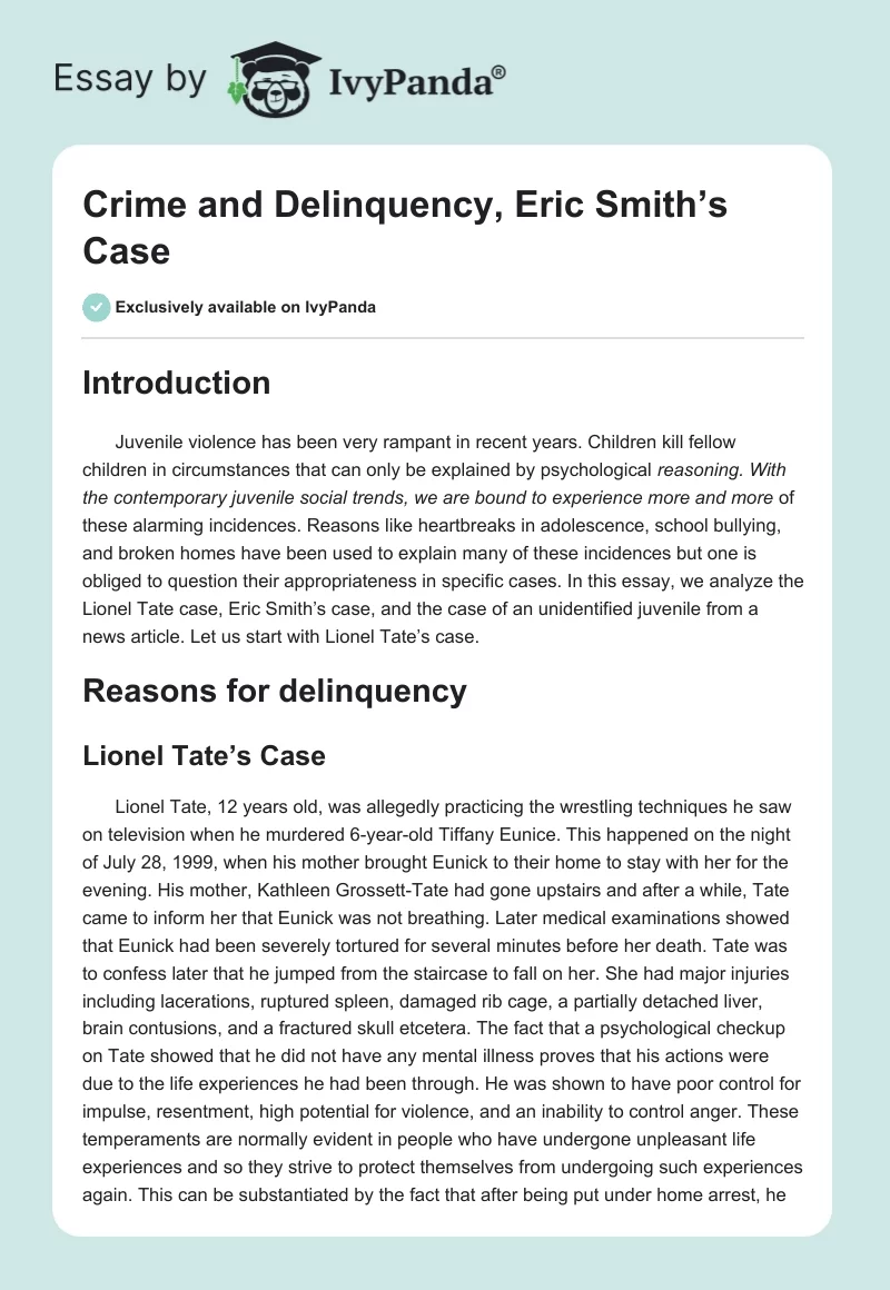 Crime and Delinquency, Eric Smith’s Case. Page 1