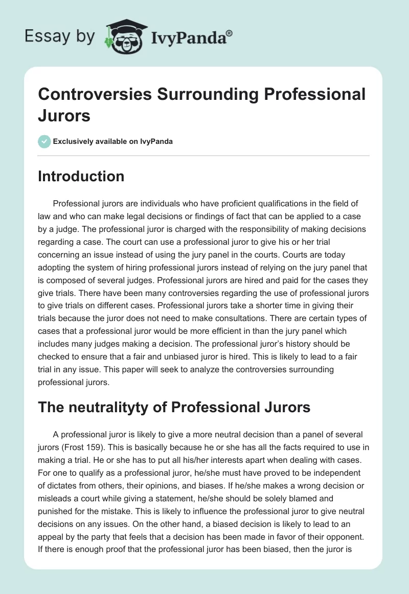 Controversies Surrounding Professional Jurors. Page 1