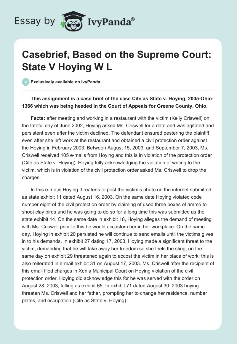 Casebrief, Based on the Supreme Court: State V Hoying W L. Page 1