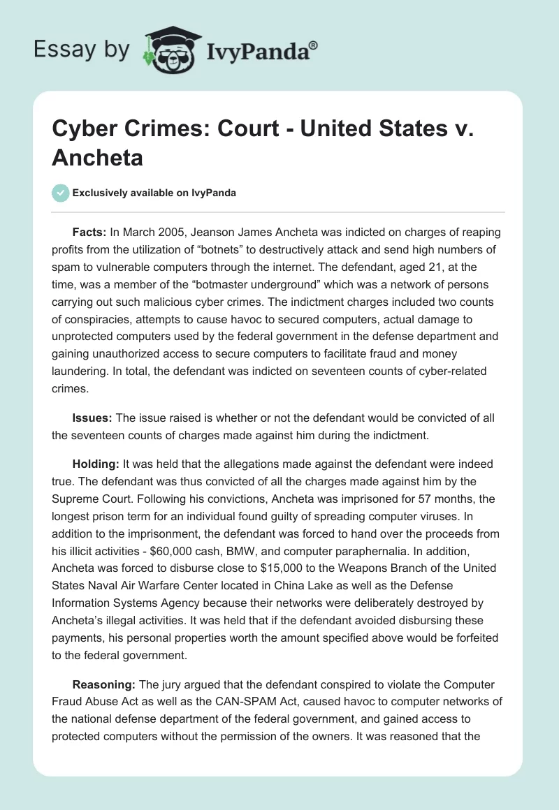 Cyber Crimes: Court - United States vs. Ancheta. Page 1