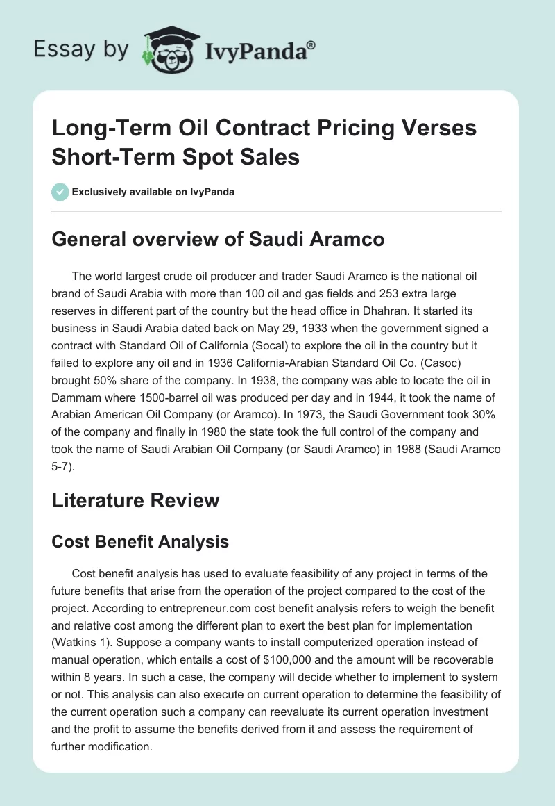 Long-Term Oil Contract Pricing Verses Short-Term Spot Sales. Page 1
