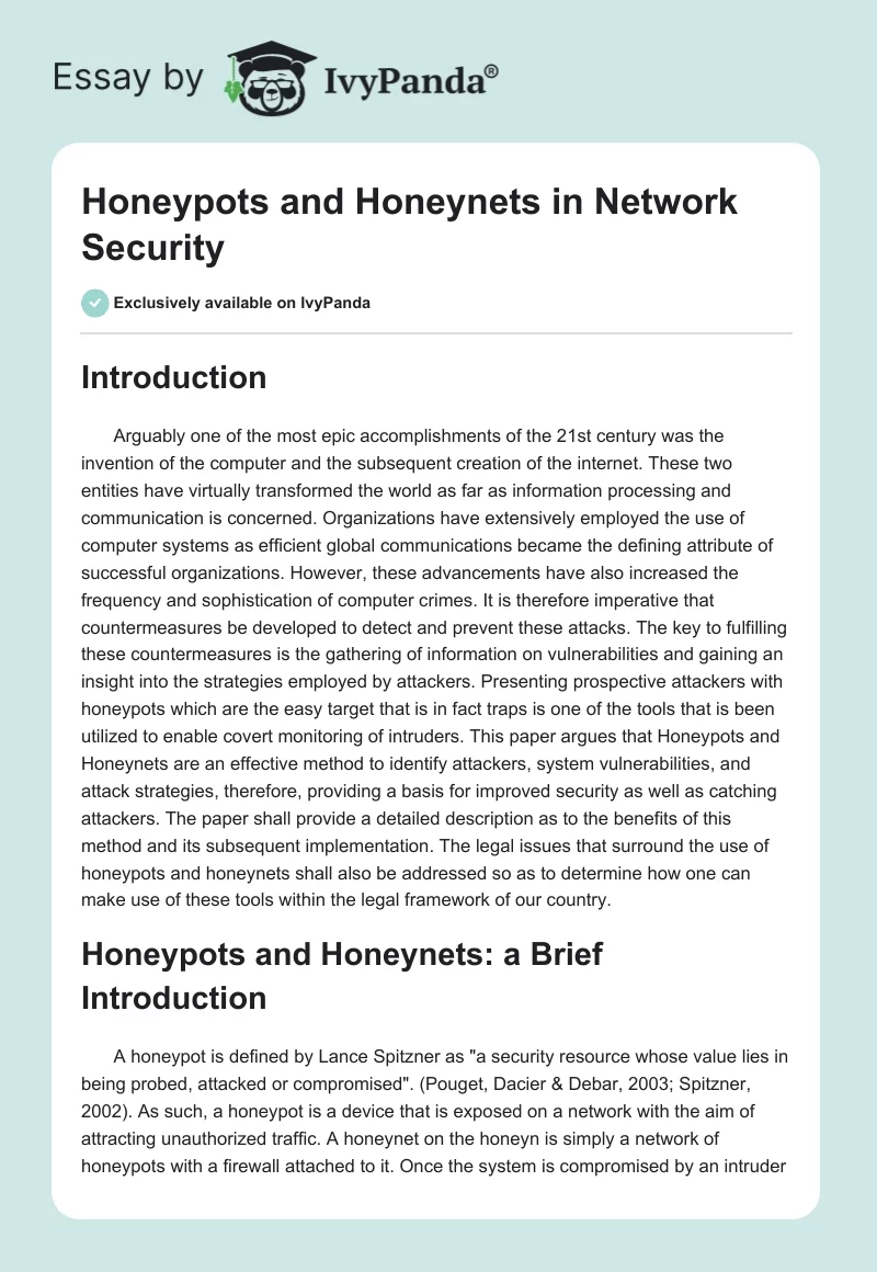 Honeypots and Honeynets in Network Security. Page 1