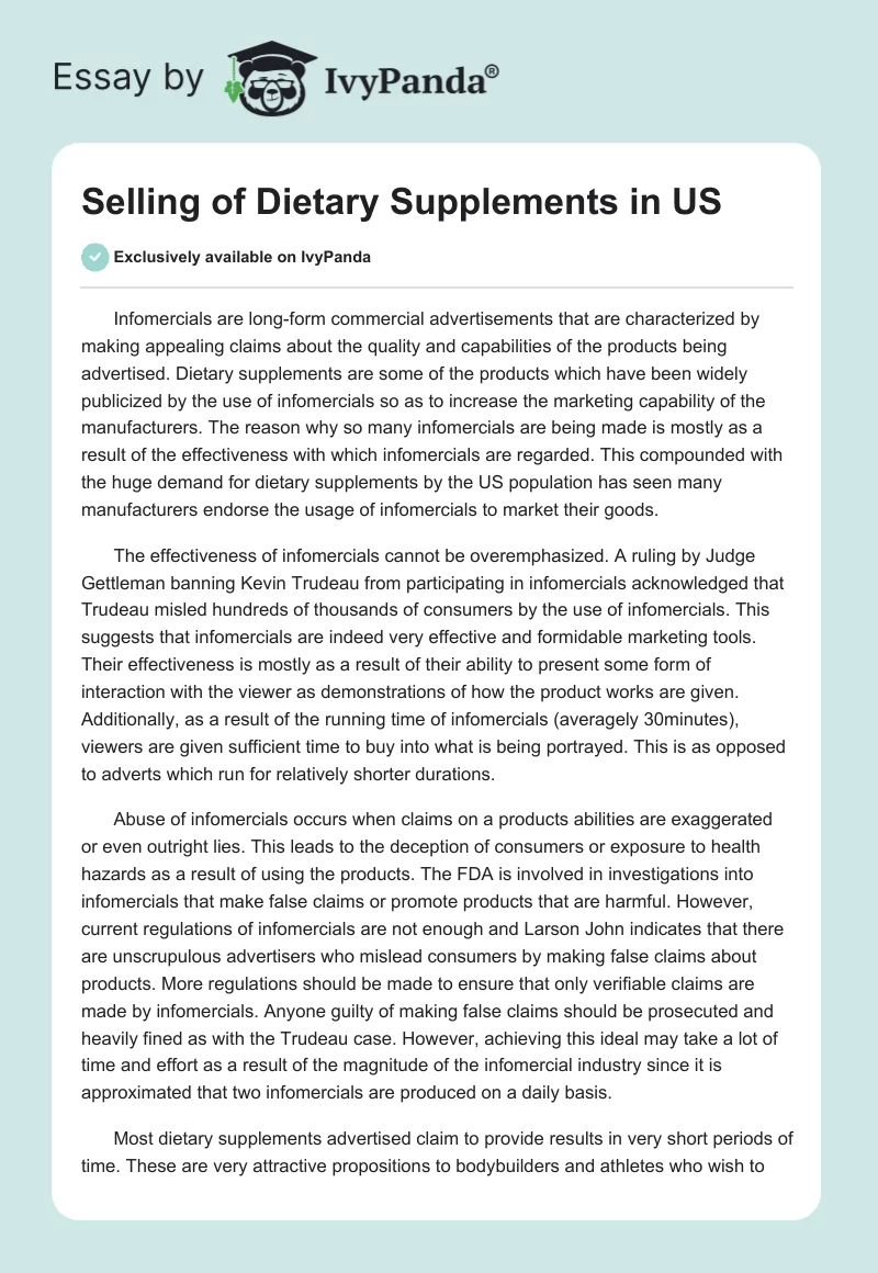 Selling of Dietary Supplements in US. Page 1