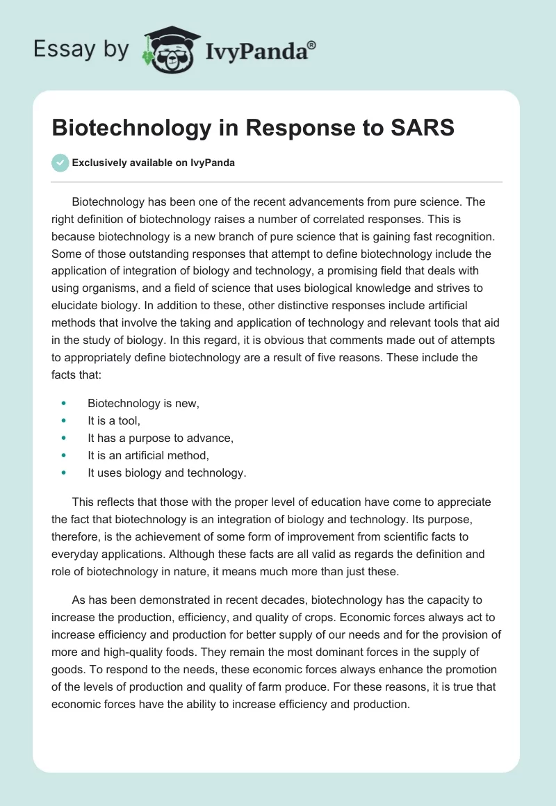 Biotechnology in Response to SARS. Page 1