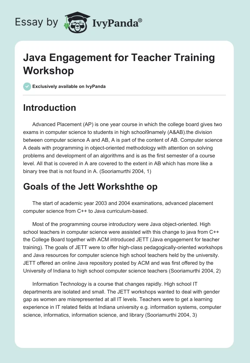 Java Engagement for Teacher Training Workshop. Page 1